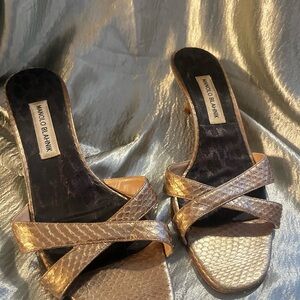 Vintage Italian Manolo Blahnik Metallic Gold Mules REAL leather and snakeskin